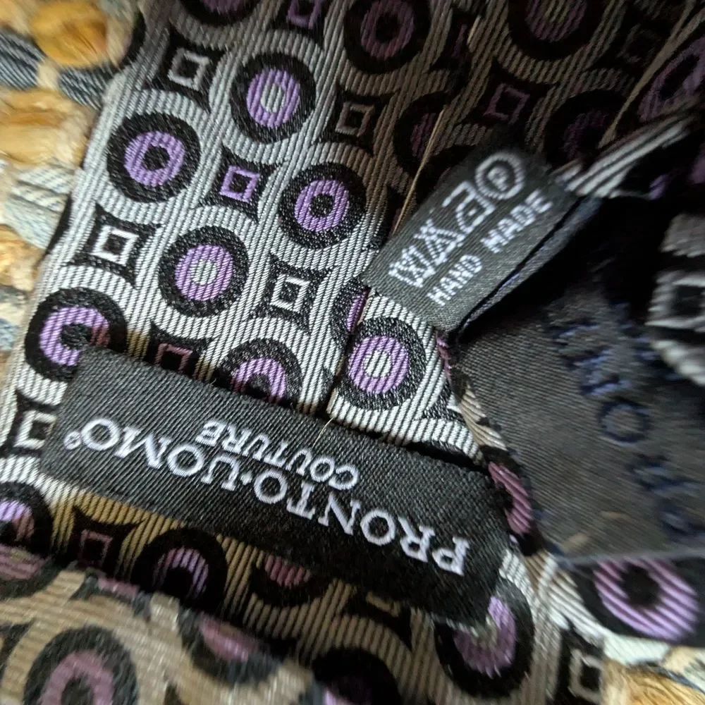 Pronto Uomo Couture Silk Tie Gray Purple Black Geometric Circle Diamond Pattern